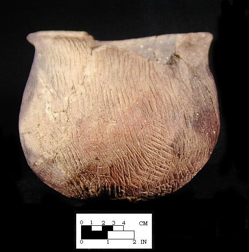 Keyser cord-marked vessel with perforated node from the Keyser Farm site, 44PA1. SI Cat.# 382985-Courtesy of the Smithsonian Institution, Museum of Natural History, Department of Anthropology.